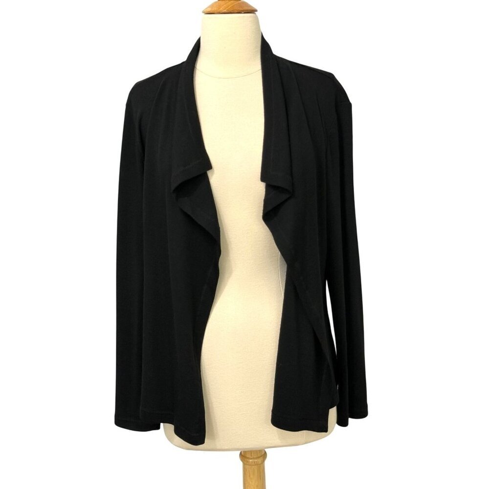 Eileen Fisher System Black 100% Wool Open Cardigan Long Sleeve Drapey Size M